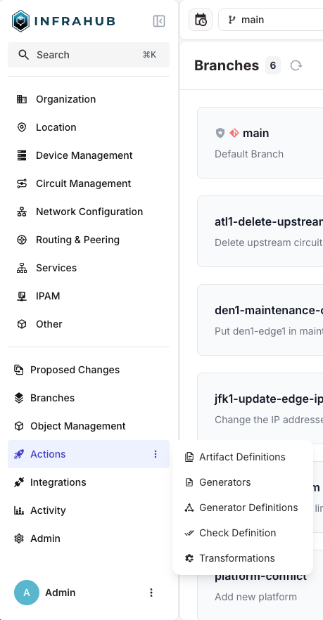 &quot;Example screenshot of Infrahub 1.2 showing the new builtin menu.&quot;